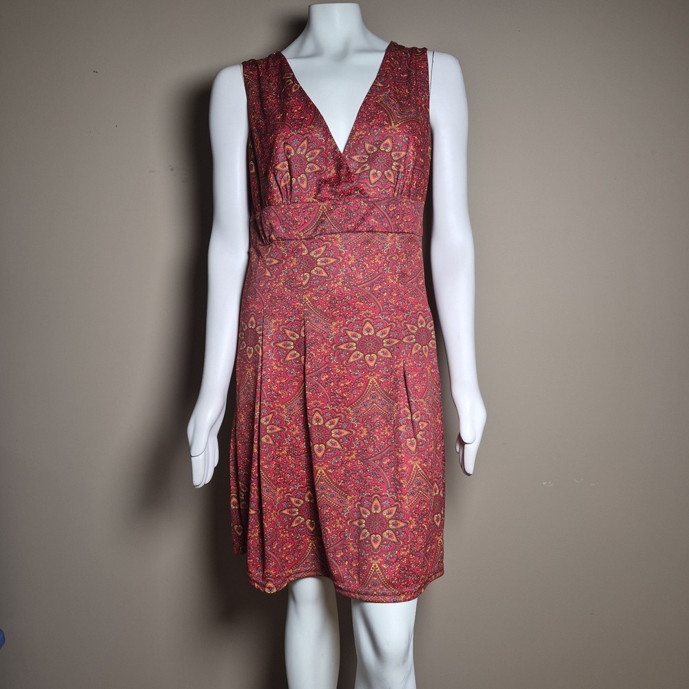 Aller Simplement Red Boho Paisley Mandala V-Neck Pleated Dress L/XL NWT
